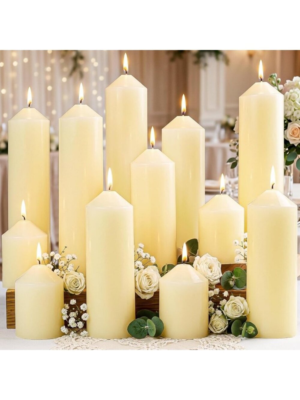 Bulk Unscented Ivory Pillar Candles Set - 2x2.9, 2x5.9, 2x7.9 Inches, 12 Pack